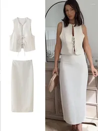 Work Dresses Elegant 2024 Summer Women Bow Solid Suit Vintage Sleeveless Lace-Up Vest Zipper Straight Long Skirt Female Casual Sets