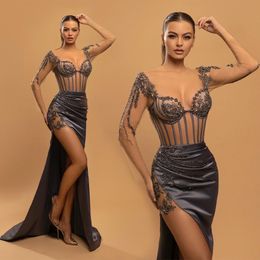 Evening Dresses New Prom Party Gown Plus Size O-Neck Formal Mermaid Long Sleeve Beaded Satin Illusion Floor-Length Custom Trumpet 267f