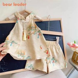 Clothing Sets Bear Leader Girls' Set Summer Chinese Style Printed Standing Neck Tassel Top Shorts Two Piece Fashion Kids'