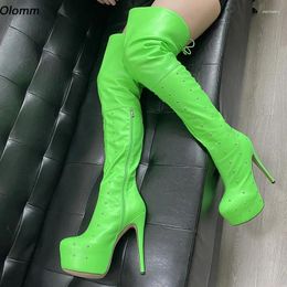 Boots Olomm Italian Style Women Winter Thigh Platform Sexy Stiletto Heel Round Toe Beautiful Green Night Club Shoes US Size 5-20