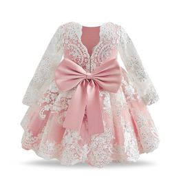 Girl's Dresses Cute Baby Girl Elegant Gown for Evening Party Lace V-back Toddler Tutu Dresses for Christening Infant Flower Girl Wedding Dress