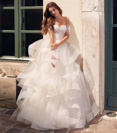 A-Line Princess Wedding Dresses 2024 Off-shoulder Lace Appliques Cascading Ruffles Puffy Tulle Bride Party Dress for Women Vestido De Noiva