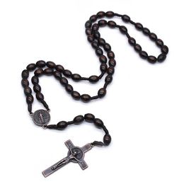 Beaded Necklaces Rose Necklace Retro Jesus Cross Catholic Brown Wood Beads Prayer Religious Jewelry Mens Necklace Jewelry Religious d240514