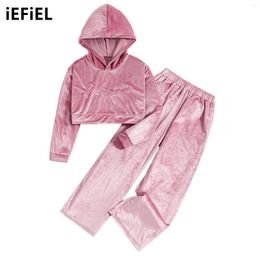 Clothing Sets Kids Girls Velvet Sport Suit Casual Long Sleeve Letter Print Cropped Hoodie With High Waist Pants For Yoga Dance Workout