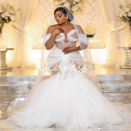 Stunning Mermaid Aso Ebi Wedding Dresses 2024 Sweetheart Pearls Plus Size African Country Bridal Gowns Trumpet Bohemian Church Bride Dress Vestios Novias Boda