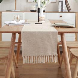Nordic Style Table Runner Simple Modern Beige Table Flag Handmade Tassel Cotton Linen Tablecloth Bed Runners Table Decoration 240514