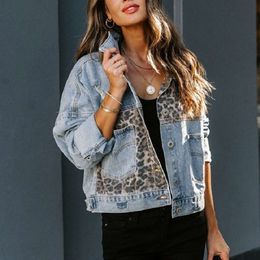 Autumn and Winter Denim Jacket Womens Long Sleeve Denim Jacket Womens Leopard Mönster Sömning 46D0