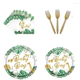 Disposable Dinnerware Green Animal Theme Tableware Baby Shower Cartoon Paper Plate Napkin Knife Fork Spoon Tablecloth Set Outdoor Picnic