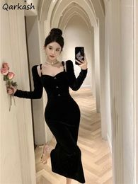 Casual Dresses Chic Velvet Strap Long Sleeve Midi Women Fashion Solid Simple Buttons Elegant Frock Ladies Young All-match Ins