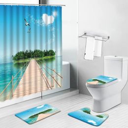 Shower Curtains Ocean Bridge Palm Tree Scenery Curtain Beach Shell Sea Landscape Bathroom Decor Non-Slip Rugs Toilet Lid Cover Mat Carpet