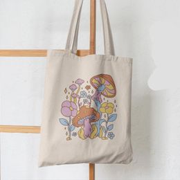 Shopping Bags Mushrooms And Flower Print Canvas Bag Women's Shoulder Fashion Large Capacity Shopper Ladies Hand Tote