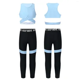 Clothing Sets Kids Girls Sport Suit O-neck Sleeveless Racer Back Cross Waist Top With Letter Print Color Block Pants For Yoga Dance