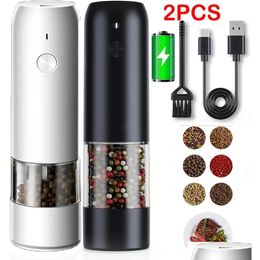 Mills 2Pc Matic Pepper Grinder Usb Electric Rechargeable Salt Spices Mill With Led Light Stainless Steel Seasoning Bottle 240304 Dro Dh6Fm