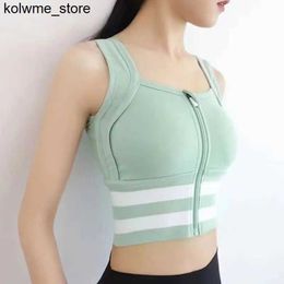 Women's Tanks Camis Front Zippered Sports Bra Tank Top Women Shock-absorbing Running Bra Gathered Sagging Outer Wearing Fitness Striped Camis S24514