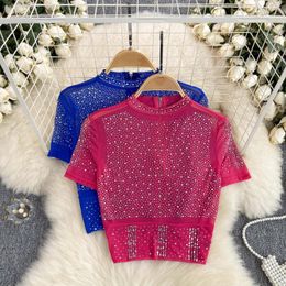 Women's Blouses Clothland Women Elegant Sequined Crop Top Rhinestone Short Sleeve Stretchy Shirt Sexy Slim Blouse Blusa Mujer DA529