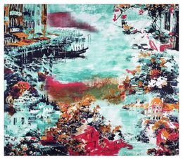 Scarves 130130cm Oil Painting House Ship Silk Scarf Women Square Style Tassel Lady Spring Fashion Female5153220