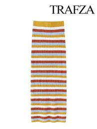 Skirts TRAFZA Women Chic Stripe Colour Matching High Waist Slim Casual Long Skirt Woman Fashion Elasticity Knitted Streetwear