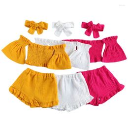 Clothing Sets 2024 Fashion Summer Girls Clothes 3pcs Solid Color Off Shoulder Flare Sleeve Pullover Strap T Shirts Tops Shorts Headband