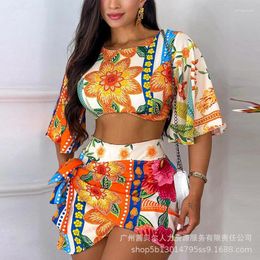 Work Dresses Floral Print Crop Top & Tied Skirt Set Women Two Piece Sets Round Neck Elegant Puff Sleeve Tops High Waist Dress