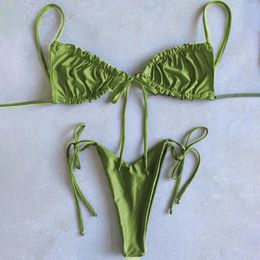 Women's Swimwear Women Bra G-Strings Thongs Bikini Set Side Tie Swimsuit Lacing Up Solid Colour Summer Swimming Bathing Suit Ropa Mujer