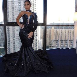 Black Sequined Mermaid Prom Dresses One Long Sleeve High Neck Crystal Evening Gown Sweep Train Celebrity Party Dress 2976