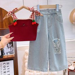 Clothing Sets Summer Girls Fashion Set Cherry Embroidery Suspender T-shirt Hole Wide Leg Jeans 2Pcs For 3-8 Years Casual Outfit