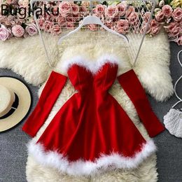 Casual Dresses Bugilaku Y2k Slim Fit Sexy Dress Women Feathers Patchwork Fashion A-line Mini Female Christmas Red Winter Robe Femme