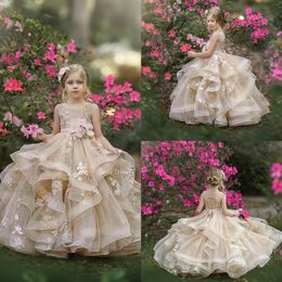 Cute Flower Girl Dresses Jewel Neck Lace Appliques Tiered Skirts Girls Pageant Dress A Line Kids Birthday Gowns 2274