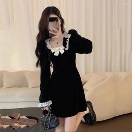 Casual Dresses 2024 Spring Lace Dress Women Fashion Square Collar Bow Long Sleeve Black For Female Sexy Cute Mini Vestidos Mujer