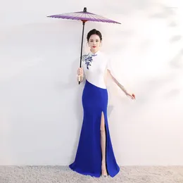 Ethnic Clothing Sexy White Blue Female Cheongsam Elegant Applique Dress Gown Temperament Mandarin Collar Maxi Vestidos Fairy Trumpet Qipao