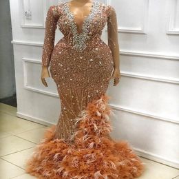 2021 Plus Size Arabic Aso Ebi Luxurious Mermaid Lace Prom Dresses Beaded Crystals Feather Evening Formal Party Second Reception Gowns D 334B