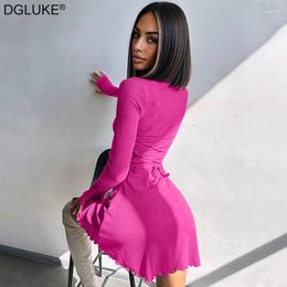 Casual Dresses Criss Cross Bandage A-Line Mini Dress V-Neck Long Sleeve Ribbed Bodycon Autumn Short Birthday Party For Women