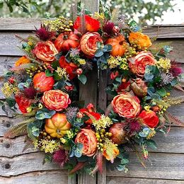 Decorative Flowers Fall Peony And Pumpkin Sunflower Wreath For Front Door Festival Celebration Halloween Decoration Rattan Garland Home