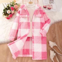 Jackets 2024 Winter Big Girls Long Sleeve Plaid Plush Coat Fashion Casual Soft Cotton Children's Top 8 9 10 11 12 Years