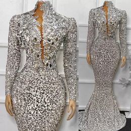 Silver Evening Dresses Plus Size Long Sleeves High Neck Sparkly Sequins Beaded Ruched Pleats Plunging Floor Length Custom Made Prom Par 262H