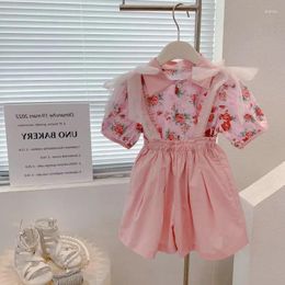 Clothing Sets Girls Summer Set 2024 Korean Printed Shirt And Bow Jumpsuit Two Pieces Casual Comfortable Baby Clothes