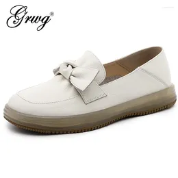 Casual Shoes GRWG Penny Loafers Women Genuine Cow Leather Flat Round Toe Bowknot Slip On Ladies Flats Handmade