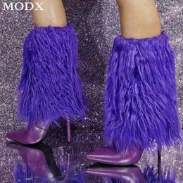 Boots Purple Fur Leather Splice Feath Tassel Pointed Toe Stiletto Short Fashion Slip On Elegant Party Runway Shoes Mujer Botas