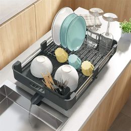 Stainless Steel Dish Drying Rack Adjustable Kitchen Plates Organizer with Drainboard Over Sink Countertop Cutlery Storage Holder 240506