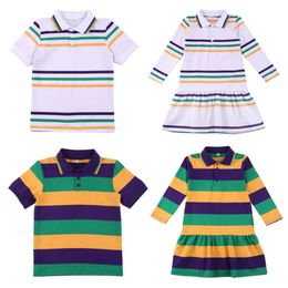 Mardi Gras Childrens Clothing Baby Boys Polo T Shirt Tops Pullover Striped Long Sleeve Girls Dress Kids Sibling Clothes 240514