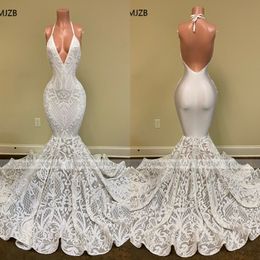 White Mermaid Style Prom Dresses Long 2022 Sexy Halter Backless Sparkly Sequin African Black Girl Formal Party Evening Gown 340f
