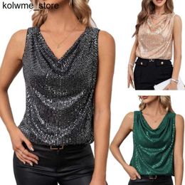 Women's Tanks Camis Women Sleeveless Cowl Neck Sparkly Sequin Tank Top Casual Blouse Solid Plain Draped Collar Loose Shirt Vest for Party Daily Wear S24514