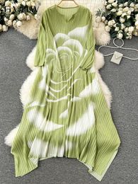 Casual Dresses GVUW Fashion Pleated Print Women's Dress Long Sleeve Irregular Flower High Quailty Loose Color Block 2024 Autumn 17G3815