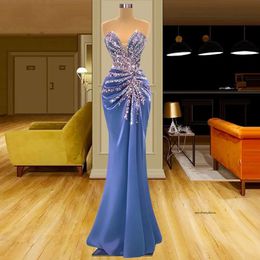 Evening Sparkling Mermaid Dresses Sleeveless Deep V Neck D Lace Satin Floor Length Appliques Sequins Beaded Celebrity Plus Size Party Gowns Prom Dress Ress 0514