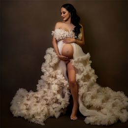 V Neck Ruffles Prom Dresses for Pregnant Women Front Split Evening Dress Maternity Gowns for Photo Shoot 242q