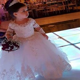 Wedding Long Sleeve Flower Girls' Dresses Crew Neck Lace Applique Communion Dresses Long Floor Tulle Beaded Pageant Party Gowns 301C