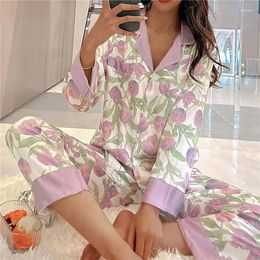 Home Clothing Women'S Autumn Pajamas Set V Neck Design Luxury Flower Print Sweet Sleepwear Silk Like Clothes Large Size Nightwear