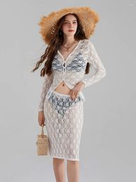Work Dresses Wsevypo See-Through White Lace Mesh 2Piece Dress Sets Women's Long Sleeve Button Down Tops With Wrap Bodycon Skirt Outfits