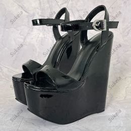 Handmade Women Platform Ankle Strap Sandals Wedges High Heels Round Toe Beautiful Black Casual Shoes US Size 4-15