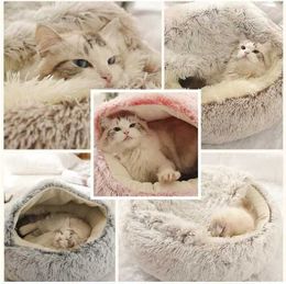 Cat Beds Furniture Soft plush pet bed with lid circular cat bed pet mat warm cat and dog 2-in-1 sleeping nest hole suitable for small dogs